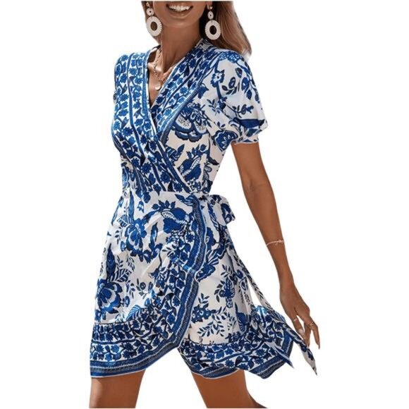Women's Summer Casual Boho Floral Print Short Sleeve Wrap V Neck Ruffle Dress - Picture 1 of 7